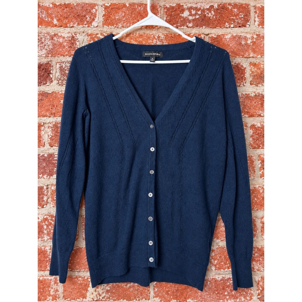 Banana Republic Navy Merino Wool Cashmere Pointelle Cardigan Sweater M Preppy